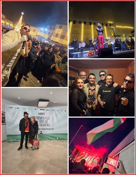 Gato con Jotas y Carolina Yuste cantando junto a la fuente de Guadalupe. Alberto Amarilla y Sol en la Residencia de Cine. The Presbicious en La Santa. Concierto de Sanguijuelas del Guadiana.