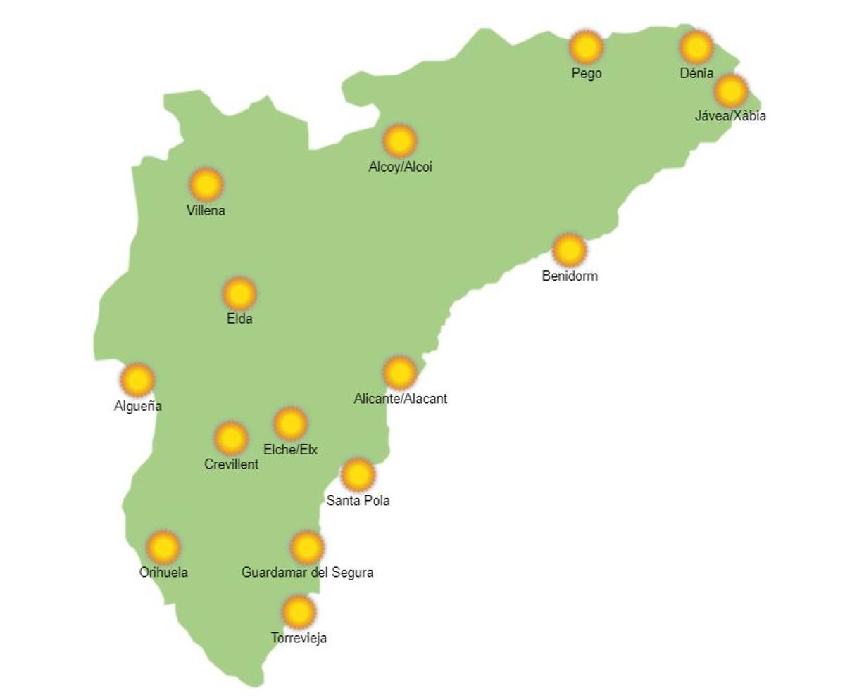 El mapa de la provincia muestra que el tiempo en Alicante el miércoles 2 febrero estará completamente soleado.