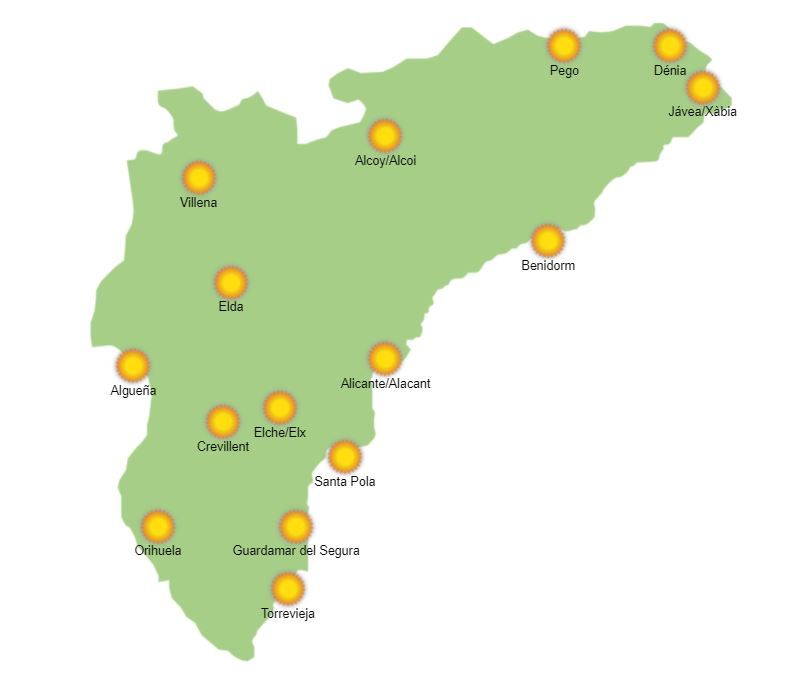 El mapa de la provincia muestra que el tiempo en Alicante el miércoles 2 febrero estará completamente soleado.