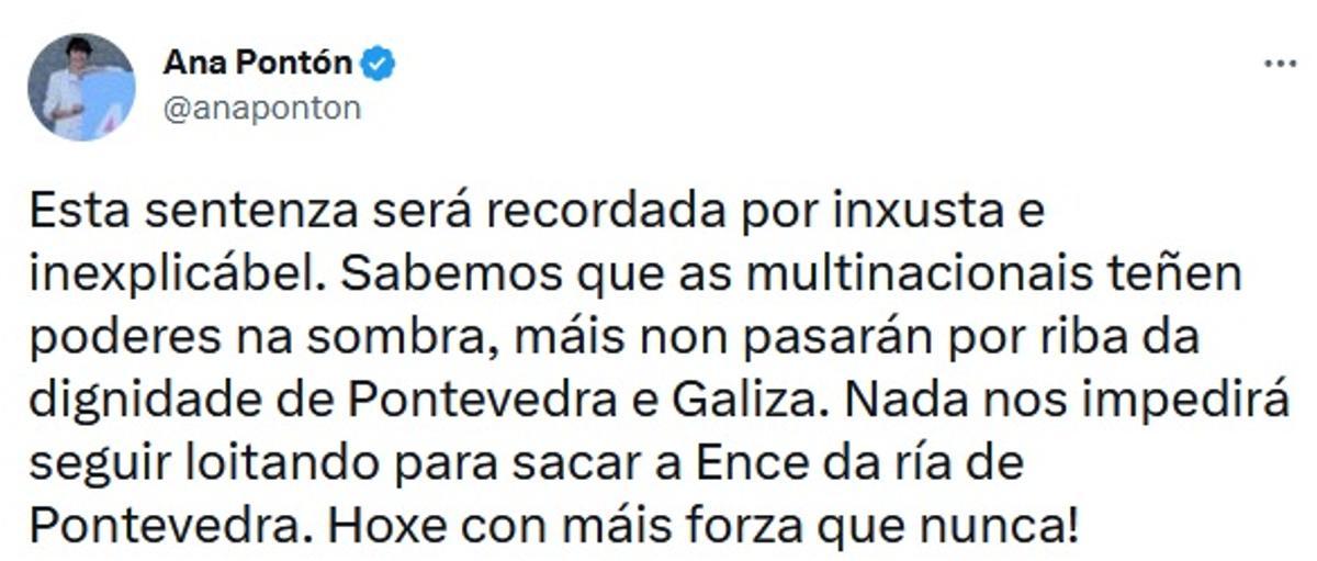 El tuit de Ana Pontón sobre Ence.