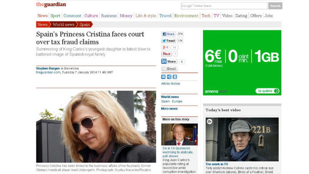 Página web del diario 'The Guardian' donde se informa de la imputación de la infanta Cristina.