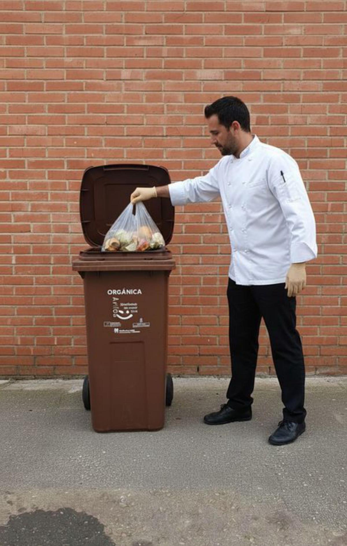 Arriba, contenedores de recogida orgánica en una céntrica calle
avilesina. A la izquierda, un gran generador de residuos hace uso del contenedor propio entregado en su establecimiento..| Cedidas a Lne