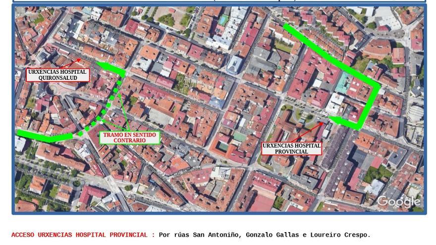 Plano de accesos a los servicios de urgencias del Hospital Provincial y del Hospital QuirónSalud.