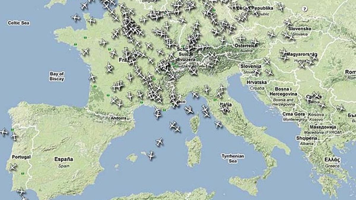 Imagen del tráfico aéreo en España y otros países de Europa a las 22.15 horas.