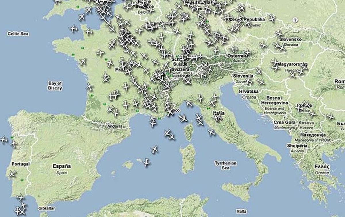 Imatge del trànsit aeri a Espanya i altres països d’Europa a les 22.15 hores. Imatge del trànsit aeri a Espanya i altres països d’Europa a les 22.15 hores.