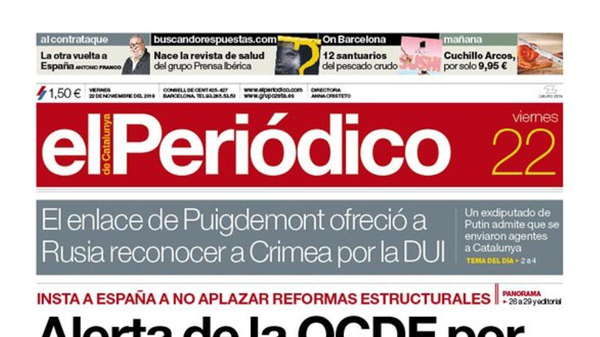 La portada de EL PERIÓDICO del 22 de noviembre del 2019