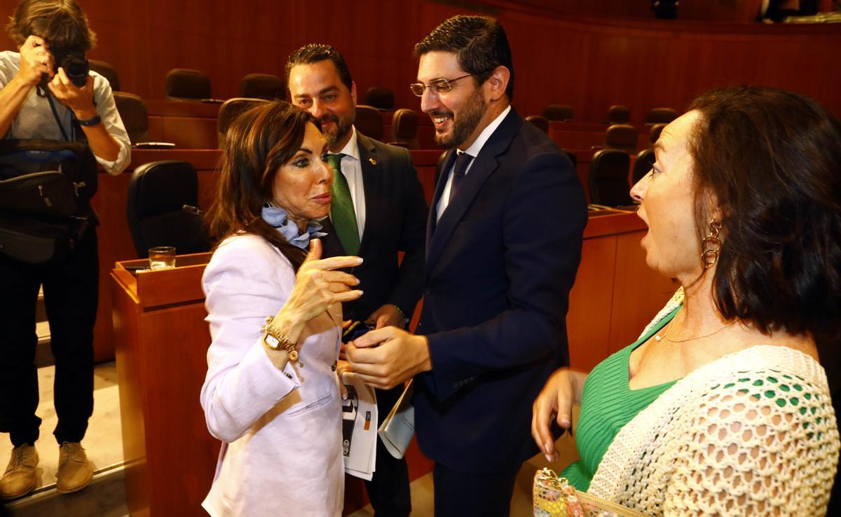 Los diputados de Vox David Arranz, Alejandro Nolasco y Carmen Rouco felicitan a la presidenta de las Cortes,  Marta Fernández.