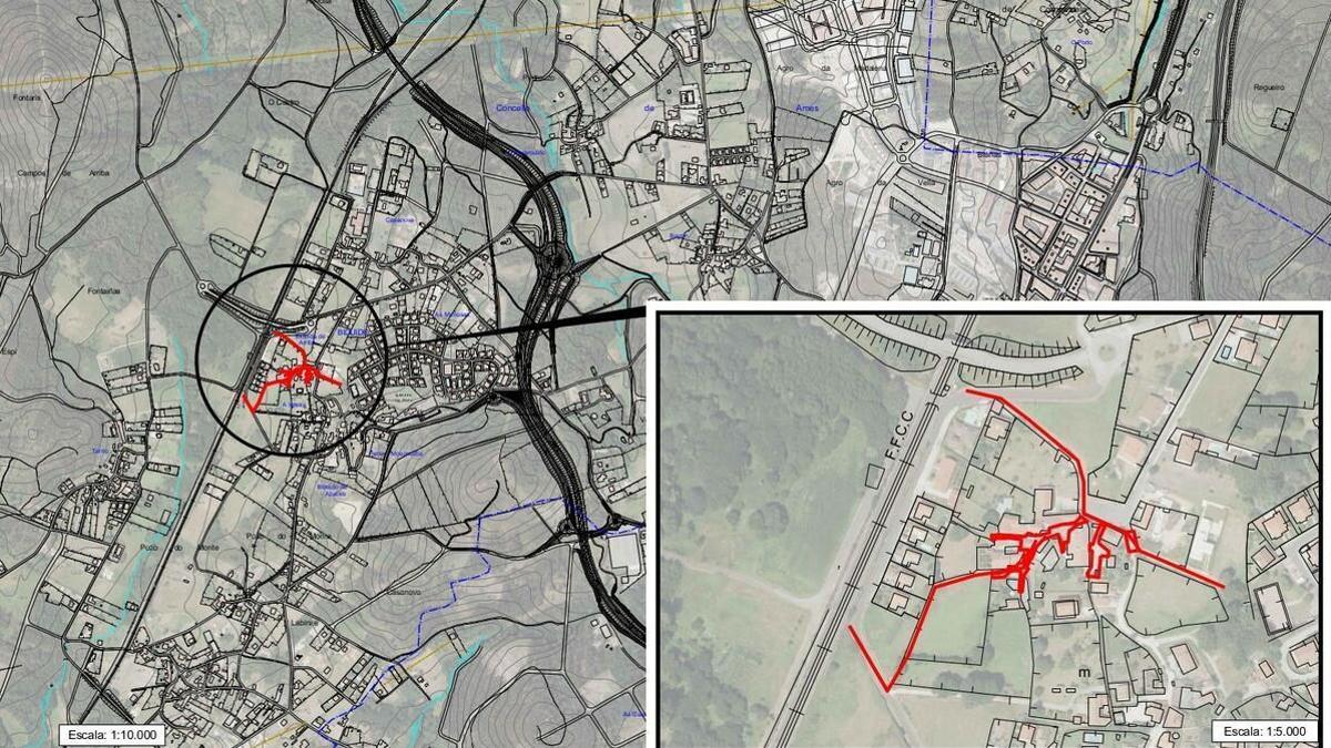 En rojo, la distribución de las canalizaciones de pluviales y mejoras viarias en Biduído de  Abaixo