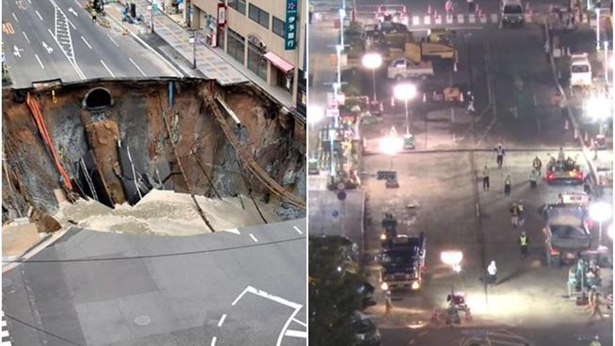 Arreglado el enorme socavón de Fukuoka en sólo una semana.