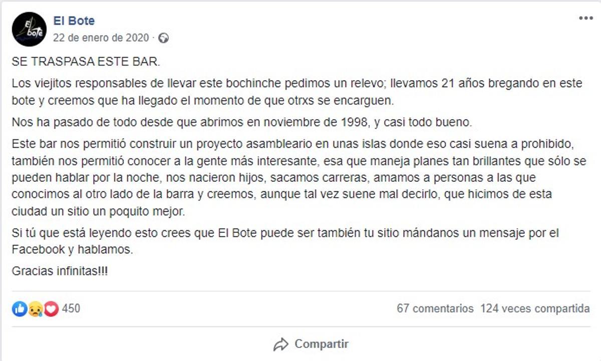 Publicación en redes sociales de El Bote.