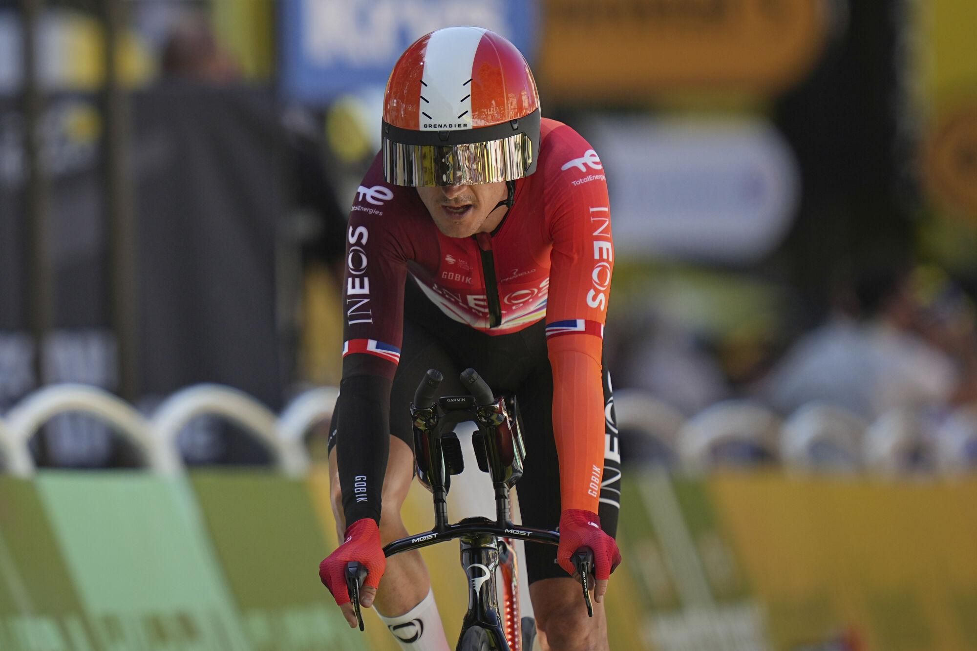 Britain's Geraint Thomas crosses the finish line during the fifth stage of the Tour de France cycling race, an indivdual time-trial over 33 kilometers (20.5 miles) with start and finish in Caen, France, Wednesday, July 9, 2025. (AP Photo/Thibault Camus)