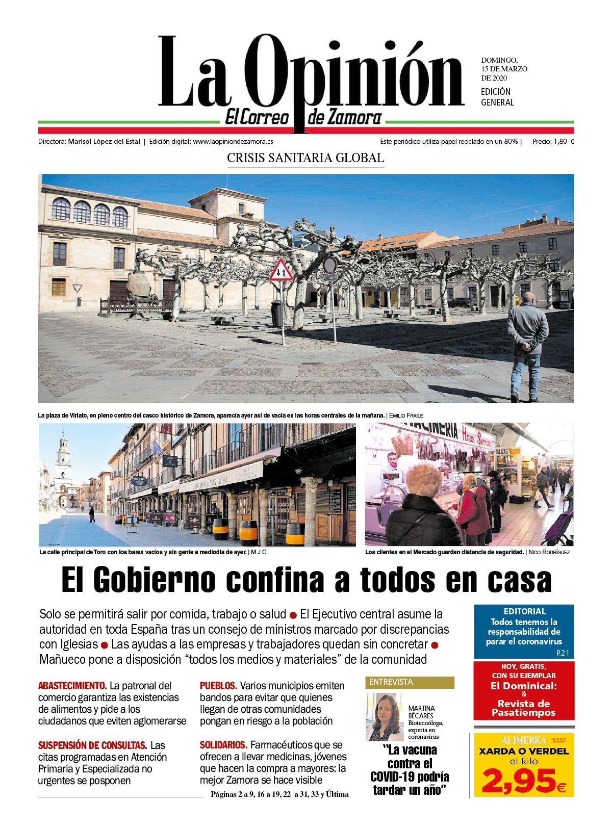 La Opinión-El Correo de Zamora, 15 de marzo de 2022. COVID 19, entra en vigor el primer estado de alarma y las medidas de confinamiento