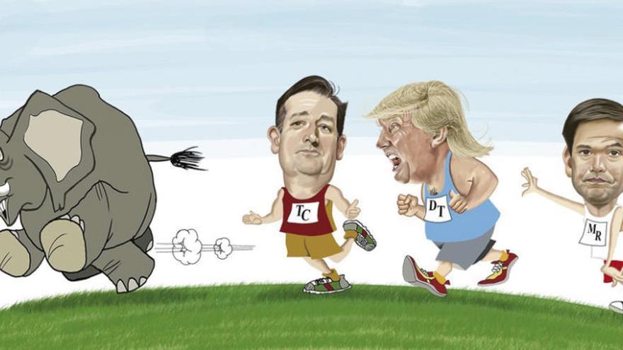 Caricatura de Ted Cruz, Donald Trump y Marco Rubio, de Gogue, publicada en &quot;The Washington Post&quot;.