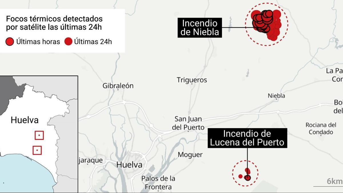 Mapa con focos de incendio activos en la provincia de Huelva.