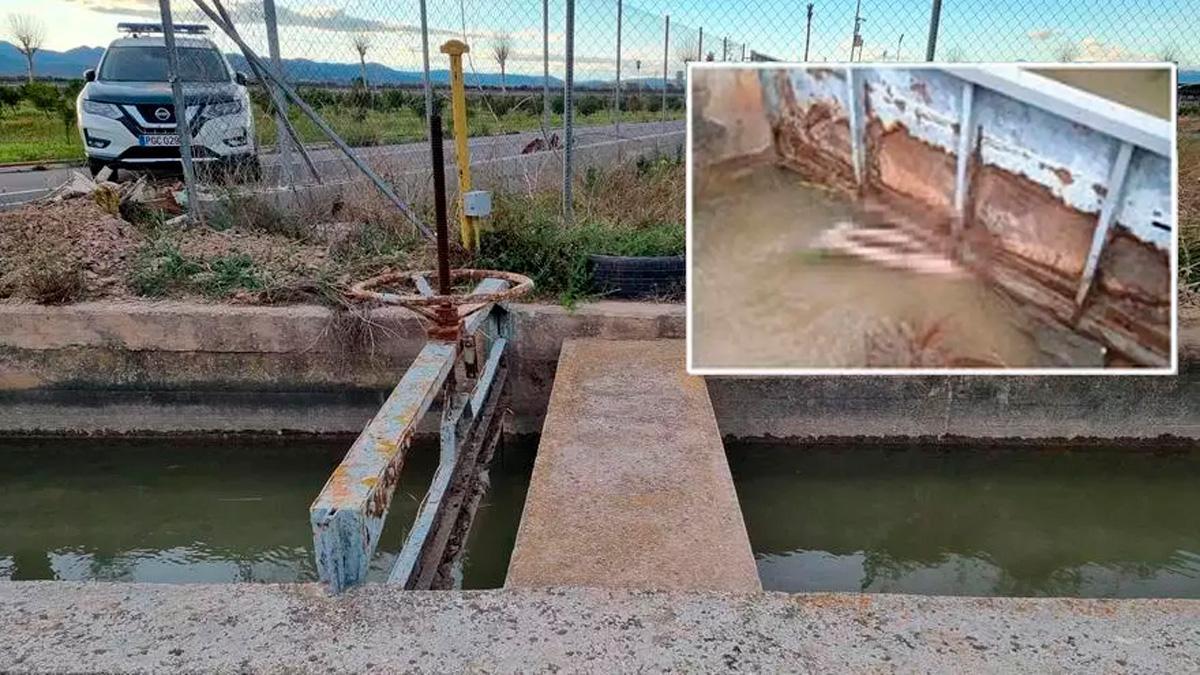 Una patrulla de la Guardia Civil en la zona de acequia donde fue hallado el cadáver en Burriana este lunes.