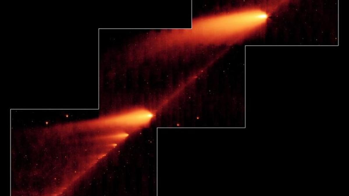 Imagen infrarroja del Telescopio Espacial Spitzer de la NASA del cometa fragmentado 73P/Schwassman-Wachmann 3, dejando un rastro de escombros a su paso.