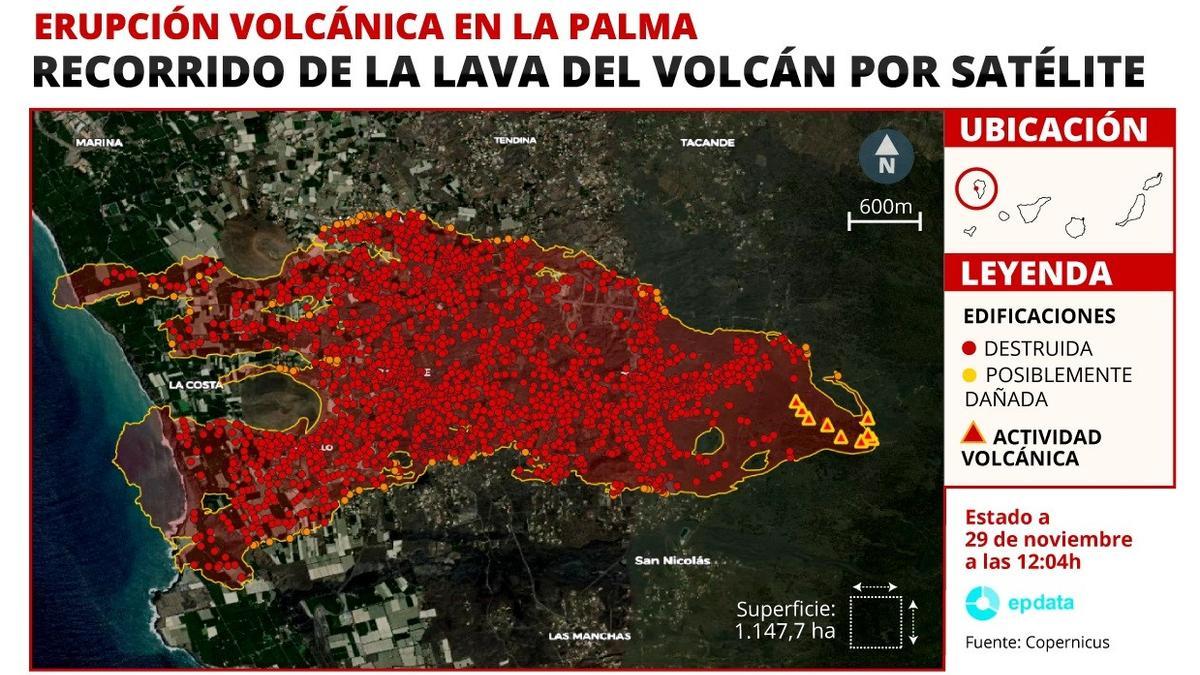 Mapa del recorrido de la lava del volcán de La Palma.