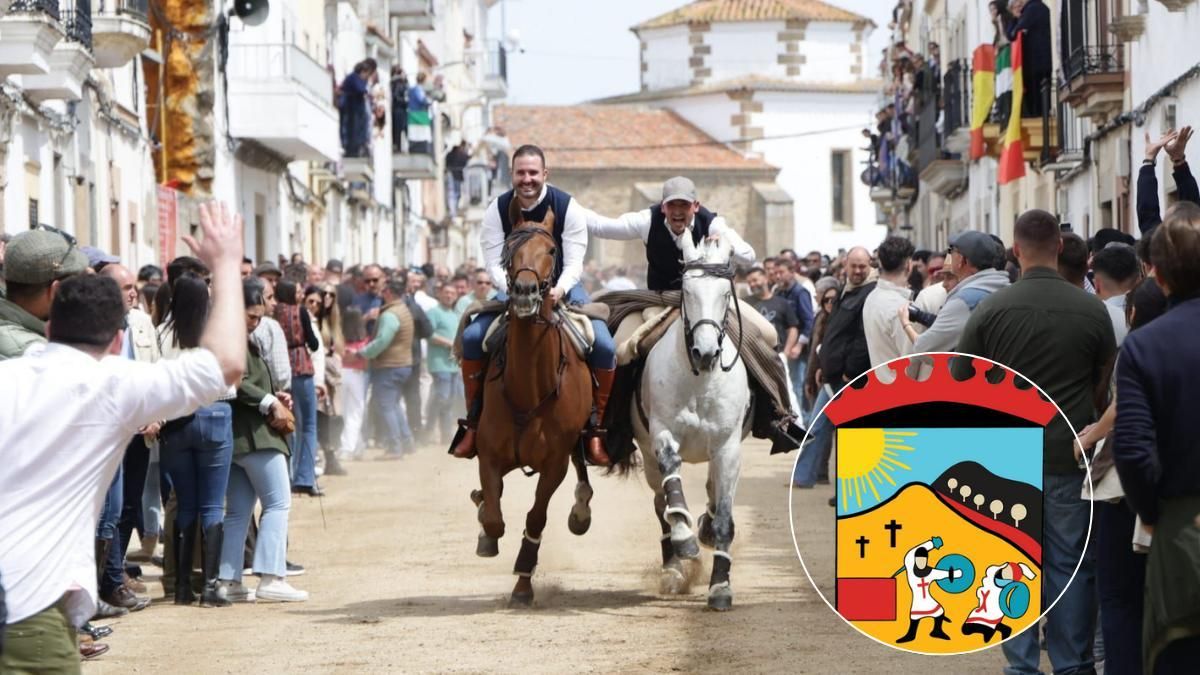 Las famosas carreras de caballos de Arroyo de la Luz y, en el círculo, el escudo.