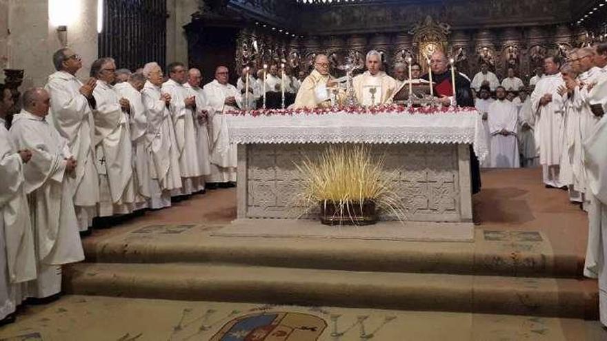 El obispo de la Diócesis Tui-Vigo, Luis Quinteiro Fiuza, concelebra la Misa Crismal con los presbíteros en la catedral de Tui. // D.B.M.