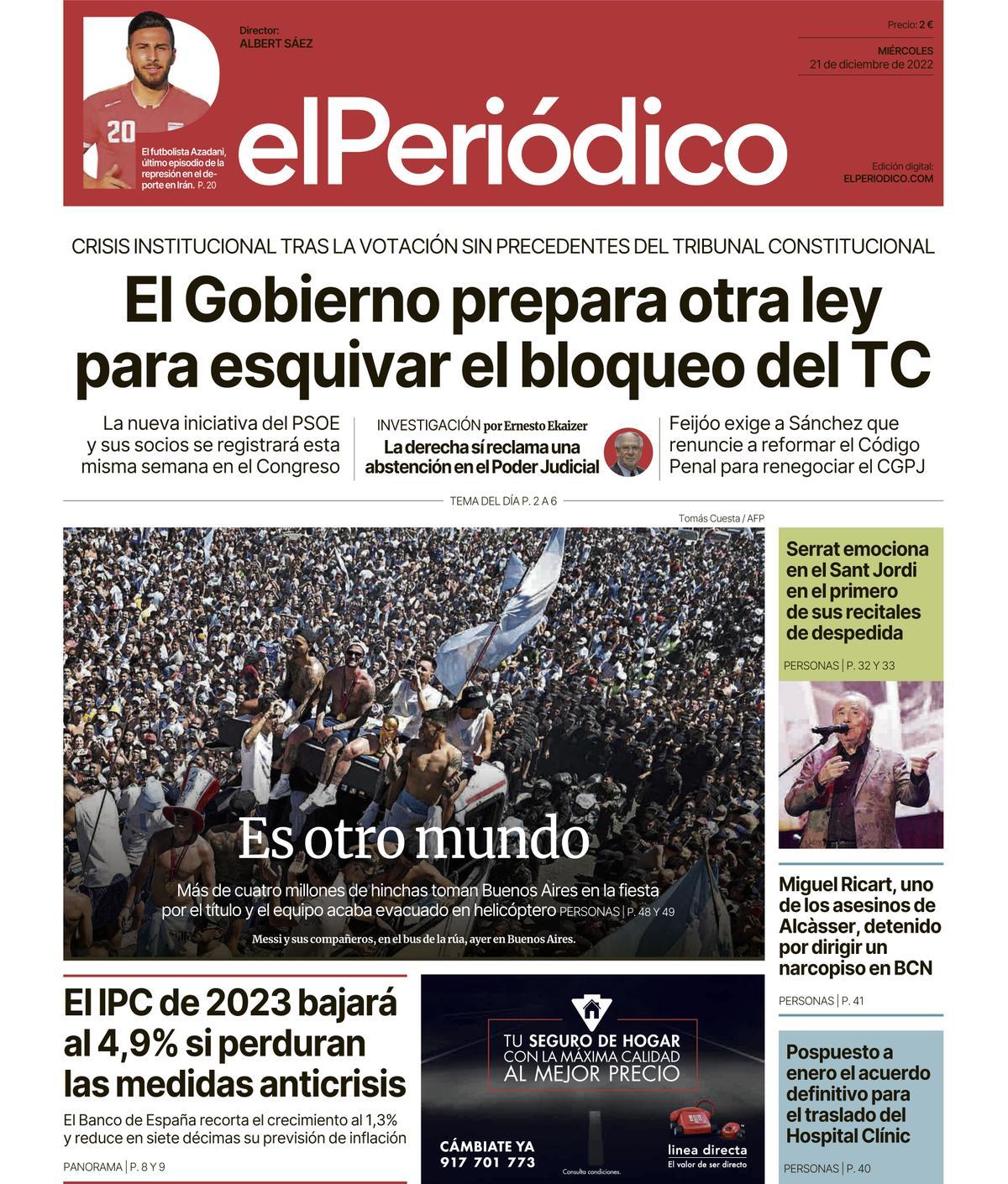 La portada d’EL PERIÓDICO del 29 de desembre del 2022 La portada d’EL PERIÓDICO del 29 de desembre del 2022