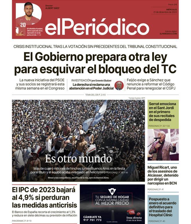 La portada d’EL PERIÓDICO del 29 de desembre del 2022