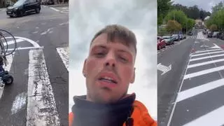 Así es el vídeo viral del momento en Santiago: un pintor de carreteras estalla contra el autobús urbano que tiró sus conos en Fontiñas