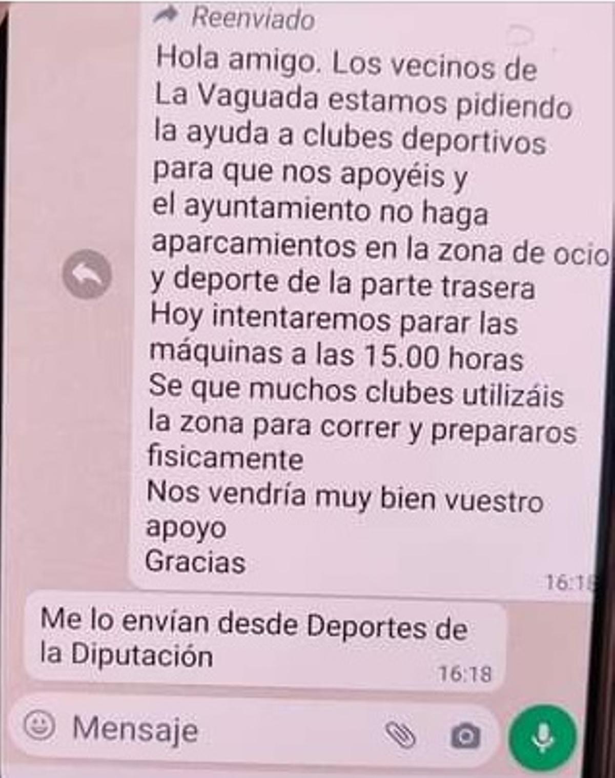 Pantallazo de whatsapp enviado presuntamente desde la Diputación a los clubes
