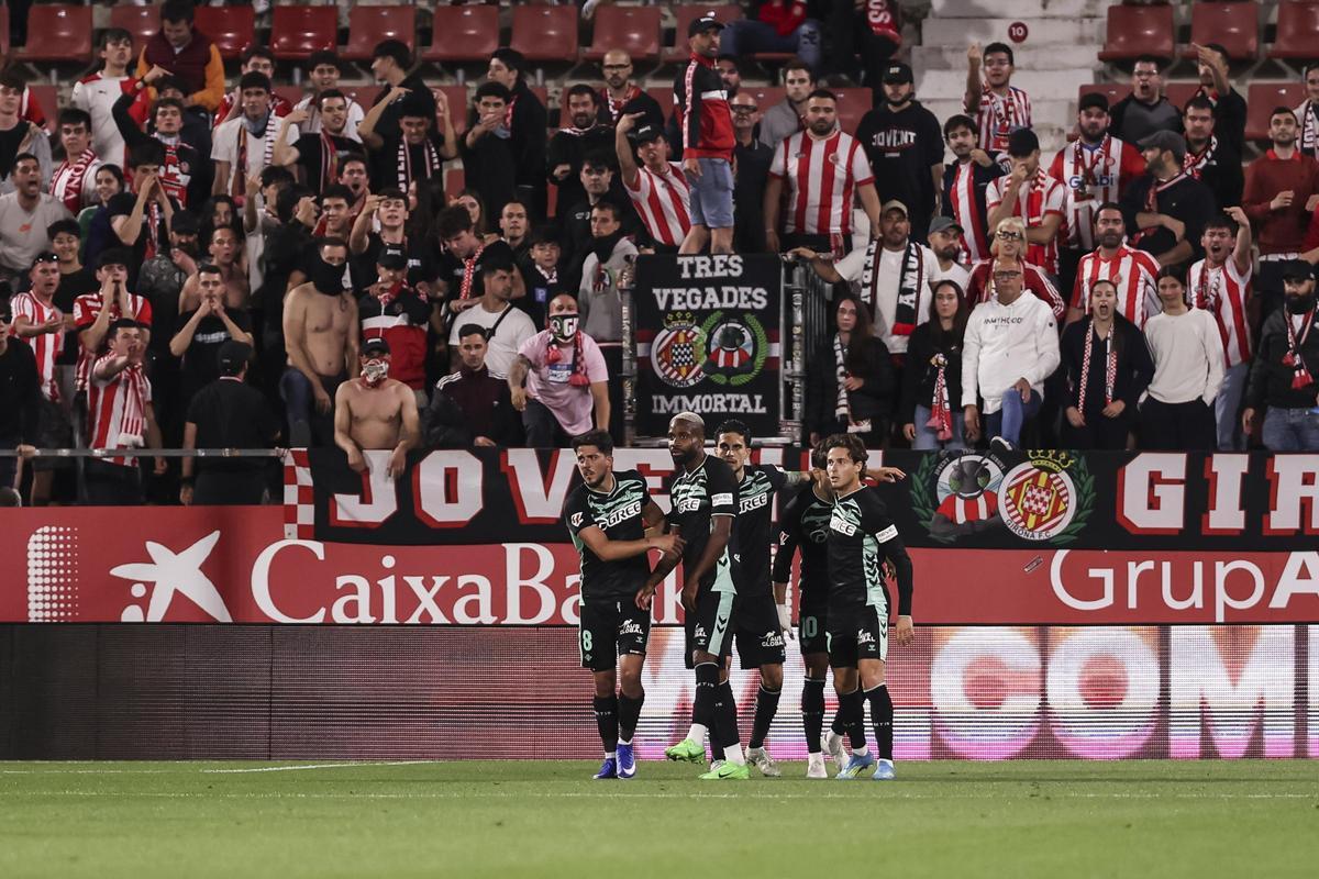 Abde Ezzalzouli of Real Betis Balompie celebrates a goal with teammates during the Spanish league, LaLiga EA Sports, football match played between Girona FC and Real Betis at Montilivi stadium on April 21, 2026 in Girona, Spain.