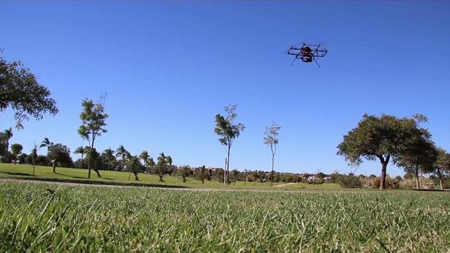 Un dron sobervuela sobre una zona verde.