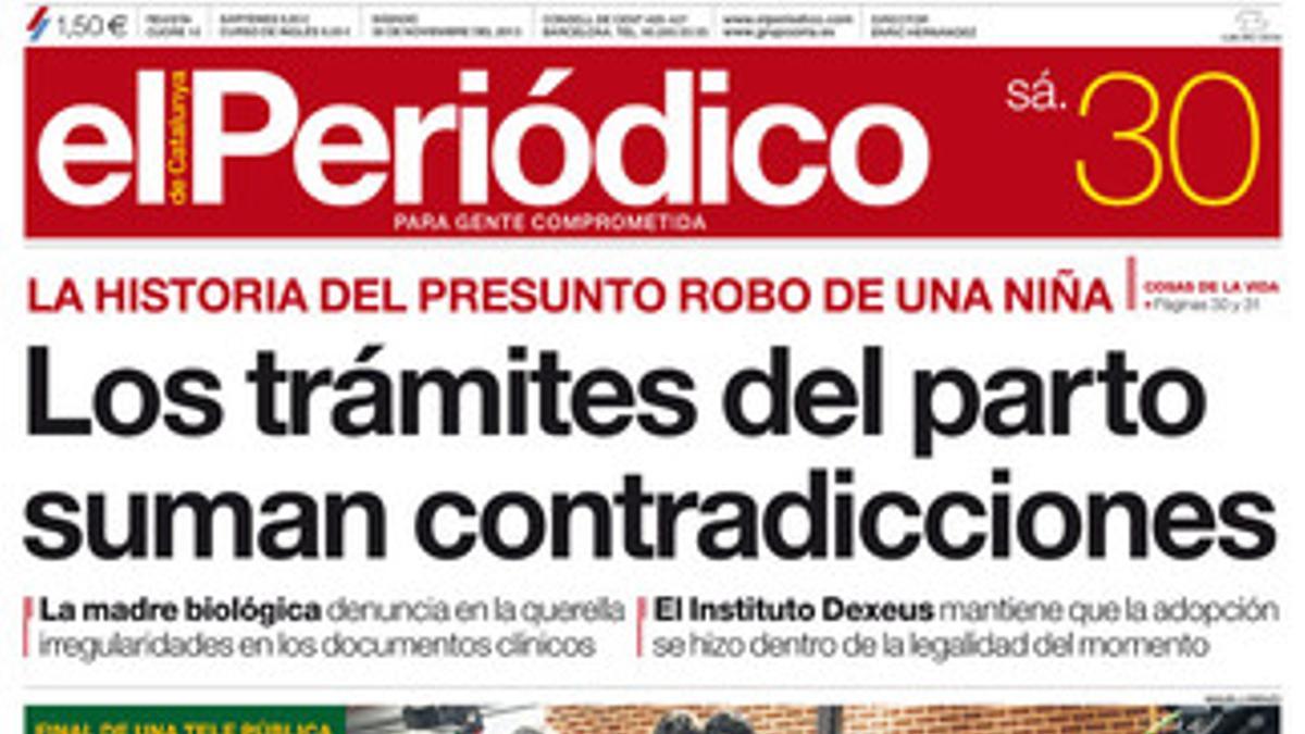 La portada de EL PERIÓDICO (30-11-2013).