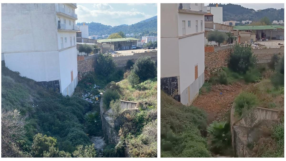Foto del antes (lleno de basura, izquierda) y después (tras retirar los residuos, derecha) del barranco de Aigualit en la Vall.
