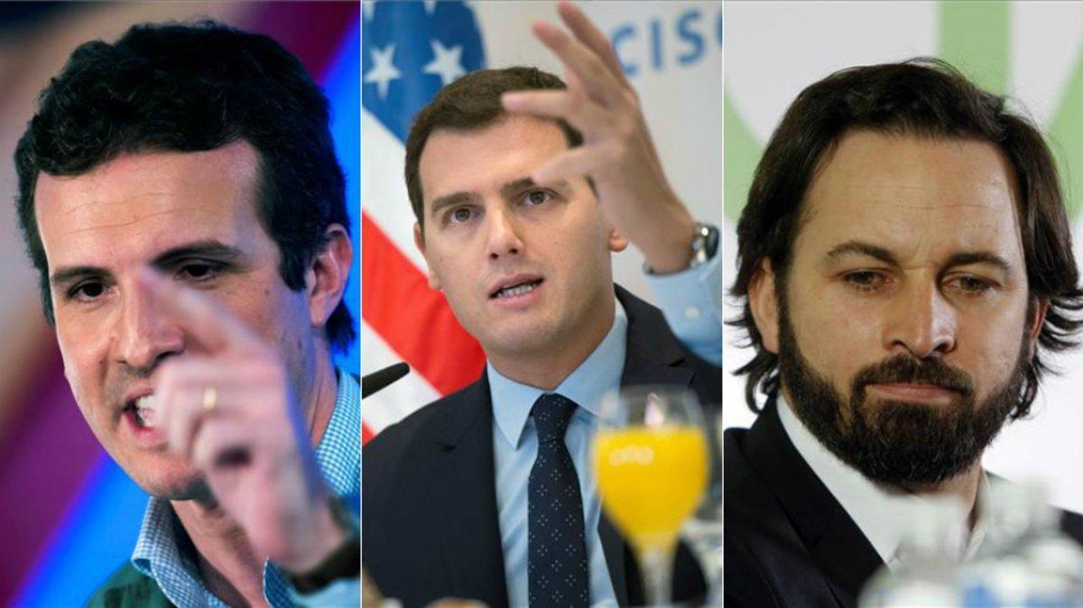 Pablo Casado (PP), Albert Rivera (Ciudadanos) y Santiago Abascal (Vox).