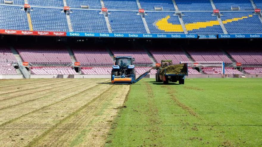 Ja han començat les obres per al canvi de gespa al Camp Nou