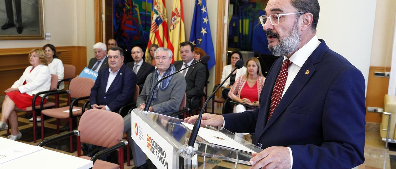 Javier Lambán, durante su comparecencia este lunes en el Pignatelli.