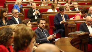 El president de la Generalitat, Pere Aragonès, en el Parlament, durante el debate de política general.