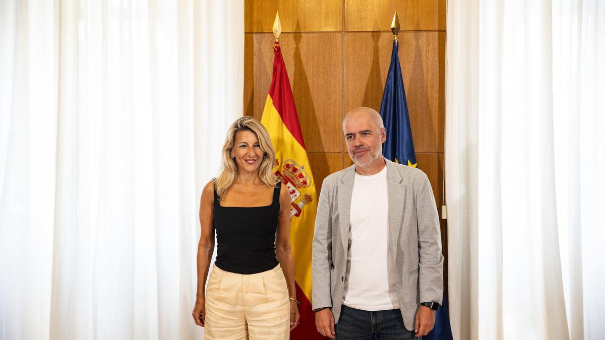 La vicepresidenta segunda del Gobierno, Yolanda Díaz, y el secretario general de CCOO, Unai Sordo, en en el encuentro que han celebrado este lunes 2 de septiembre