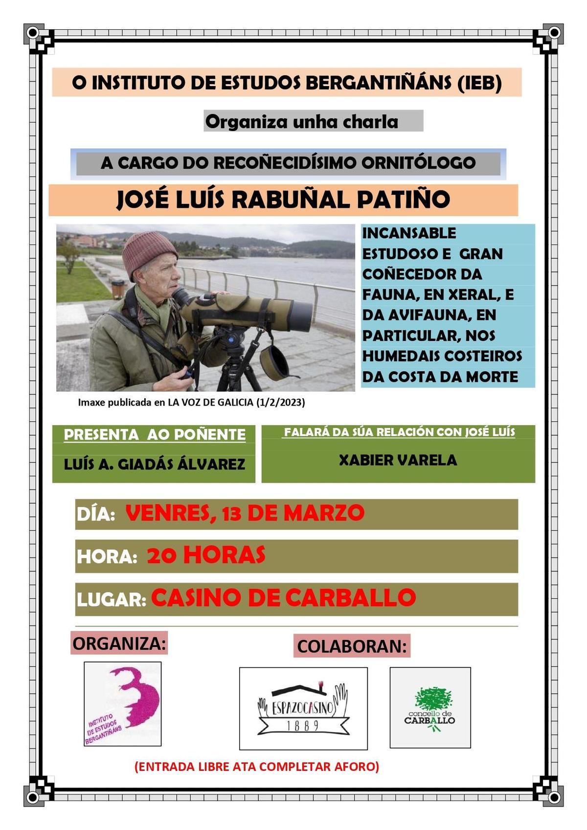 Cartel promocional da conferencia de José Luis Rabuñal en Carballo.