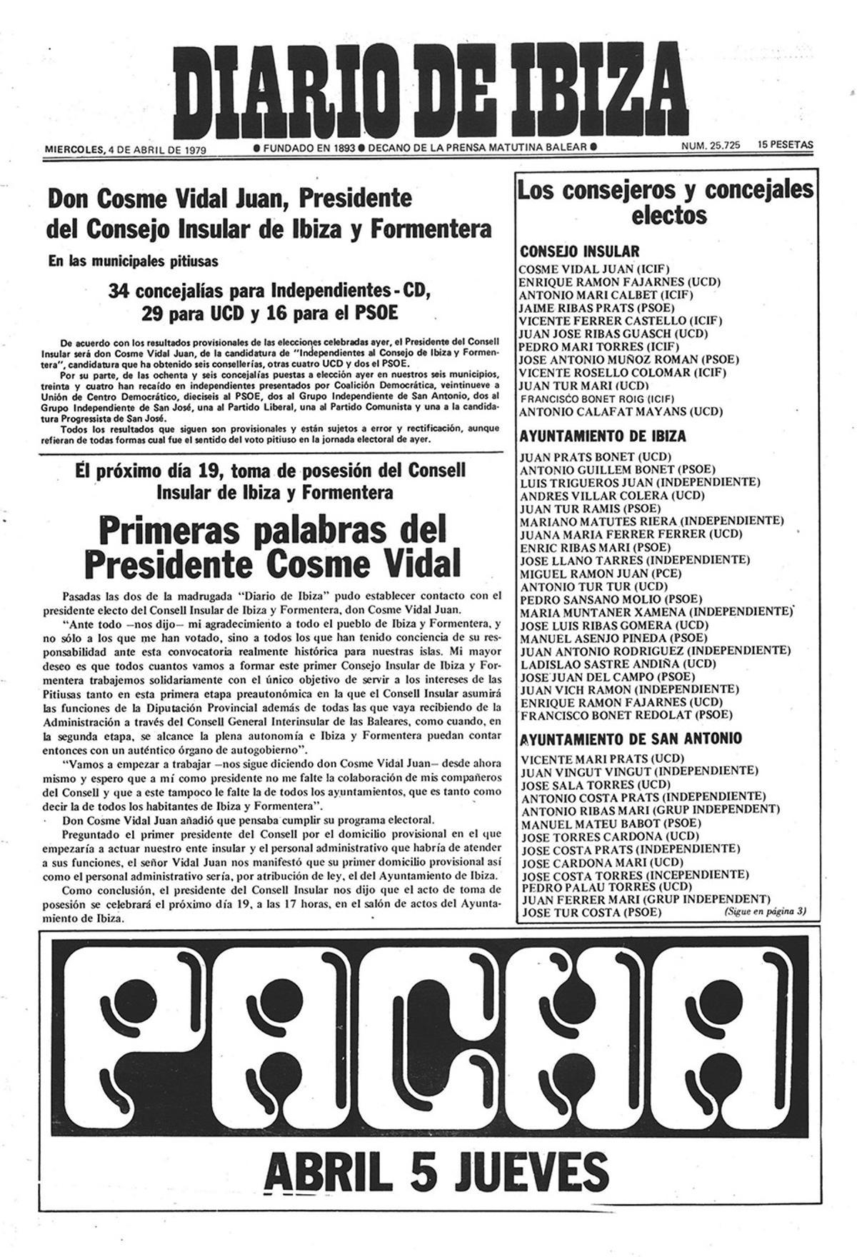 4 de abril de 1979. Nace el Consell Insular. Con las primeras elecciones municipales nace también el Consell Insular como órgano de autogobierno