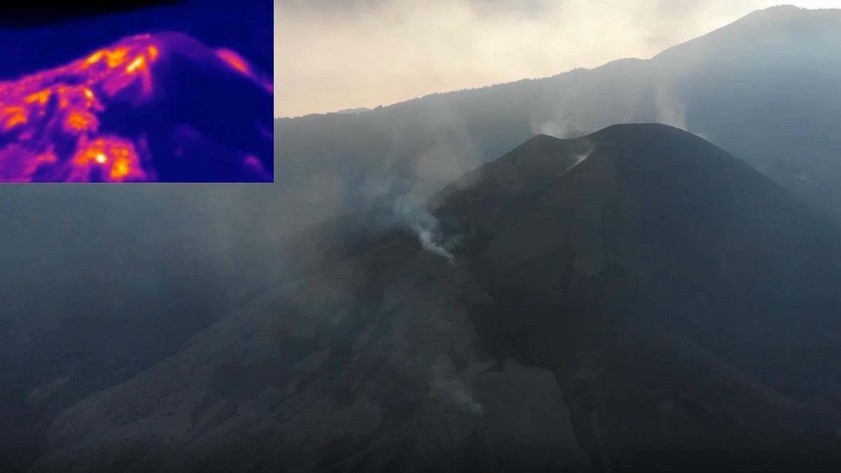 Von der Kanaren-Regierung zur Verfügung gestellte Bilder des Vulkans auf La Palma vom 14.12. (li.: Aufnahme einer Wärmebildkamera)