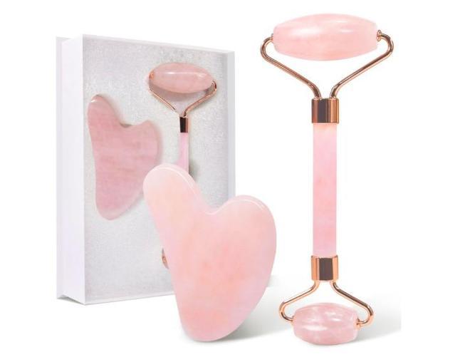 Gua Sha Cuarzo Rosa, Rodillo Facial Antiarrugas para Tonificar y Reafirmar la Piel