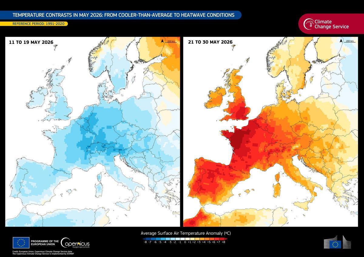 Cambio experimentado en el tiempo en Europa entre la segunda y la tercera semana de mayo.