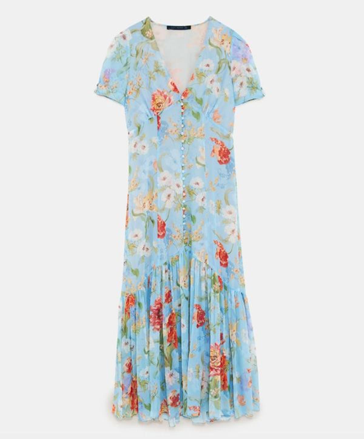 Vestido midi azul con estampado de flores, Zara