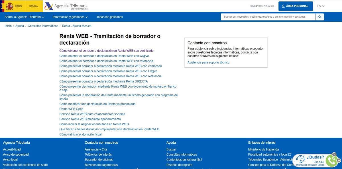 La página de "Renta Web"