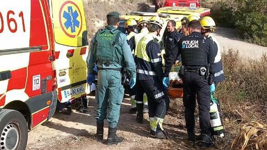 Policías locales, un guardia civil, bombers y sanitarios, con la mujer atacada por los pitbulls en Felanitx.