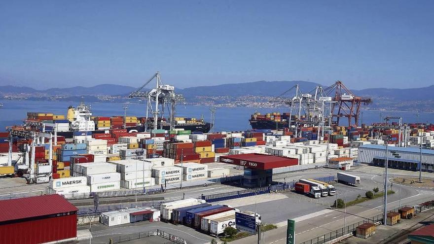 Camiones pasan la revisión de sus contenedores en el Puesto de Inspección Fronteriza (PIF) del Puerto de Vigo, ubicado en la terminal de Guixar. // FdV