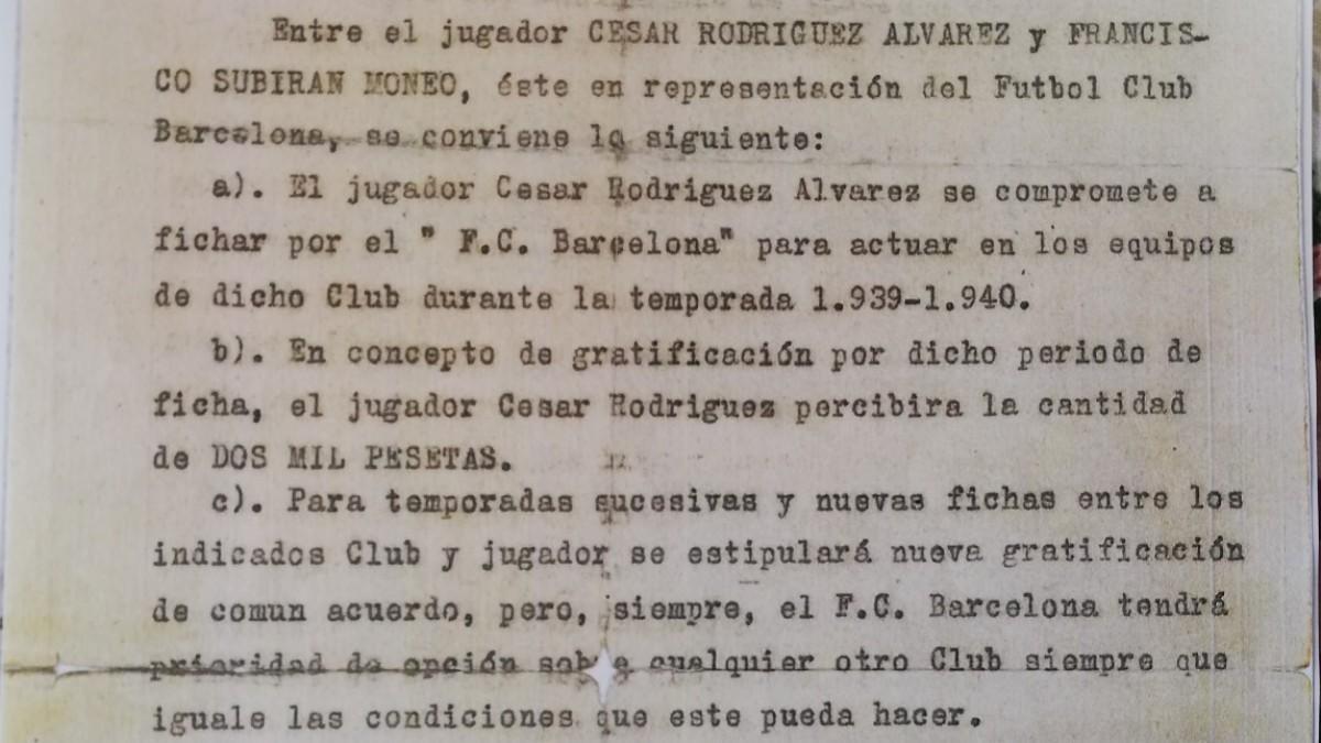Esta es la primera parte del contrato de César Rodríguez con el Barça des del 1939