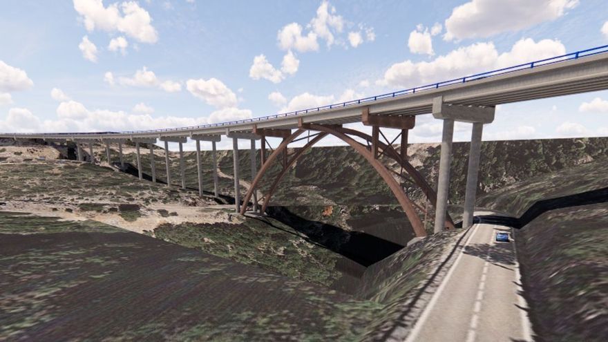 Esta es la imagen virtual compartida por el Ministerio de Transportes, Movilidad y Agenda Urbana del imponente viaducto sobre el barranco de La Bota, en Morella