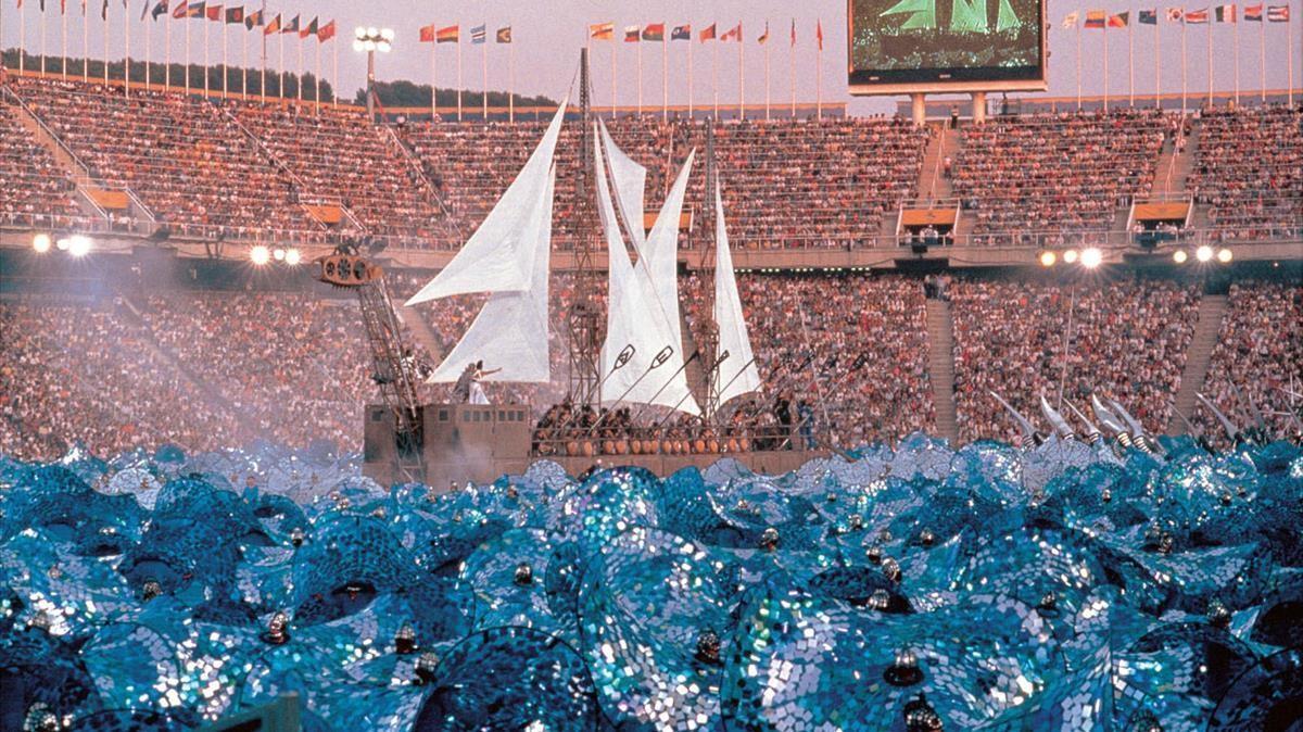 Un momento de la espectacular ceremonia de inauguración de Barcelona-92.
