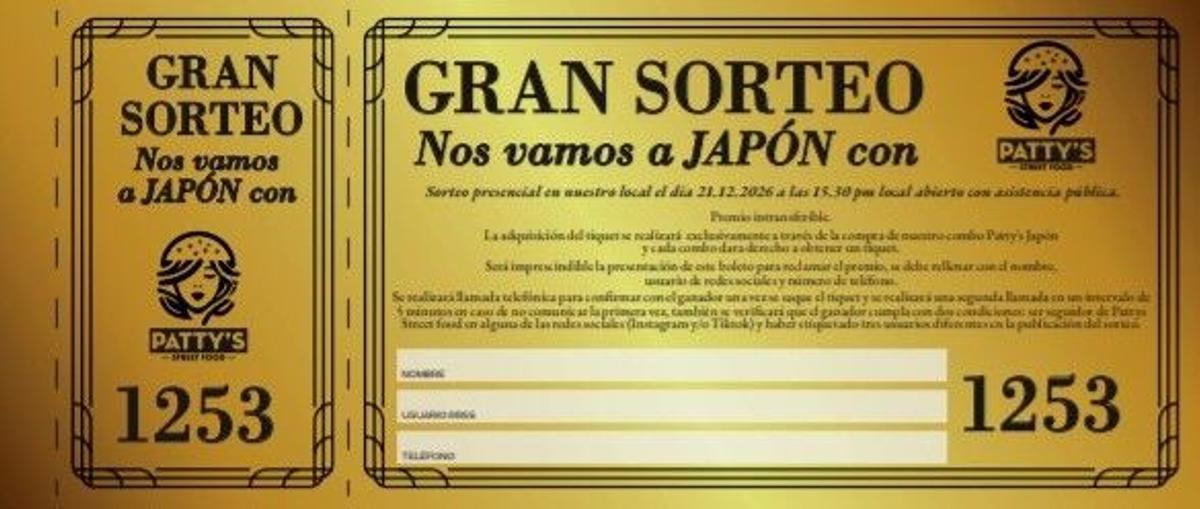 El billete dorado para participar en el sorteo de Patty's Street Food.