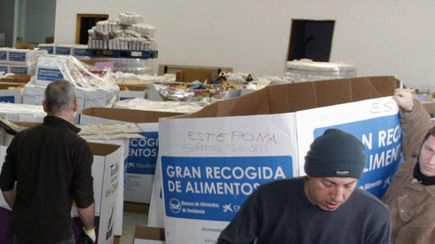 Voluntarios de Bancosol se encargan ahora de descargar y clasificar los productos que han conseguido en la Gran Recogida de Alimentos.